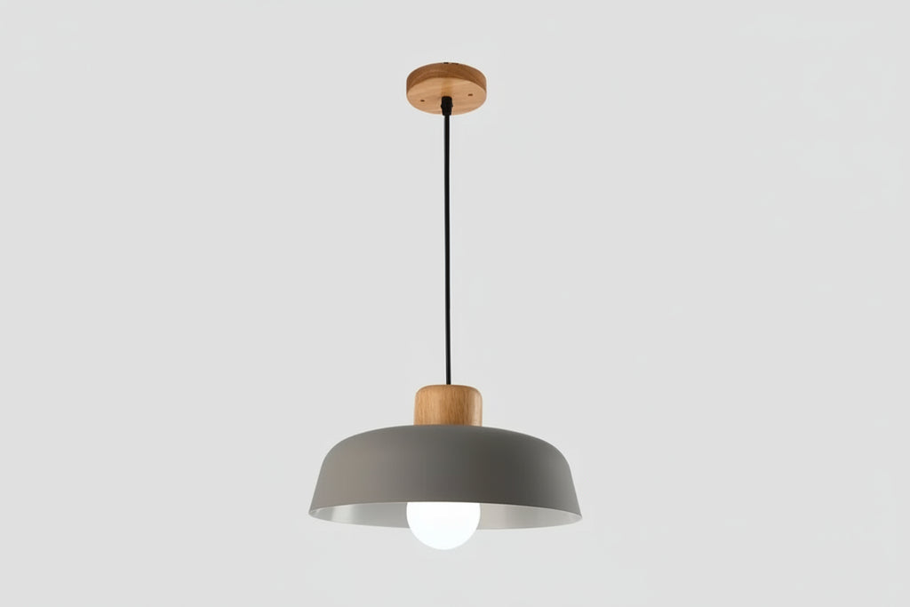 Nordic Minimalist Dome Pendant Light – Metal Hanging Lamp with Wood Detail