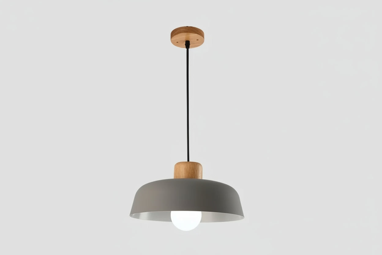 Nordic Minimalist Dome Pendant Light – Metal Hanging Lamp with Wood Detail