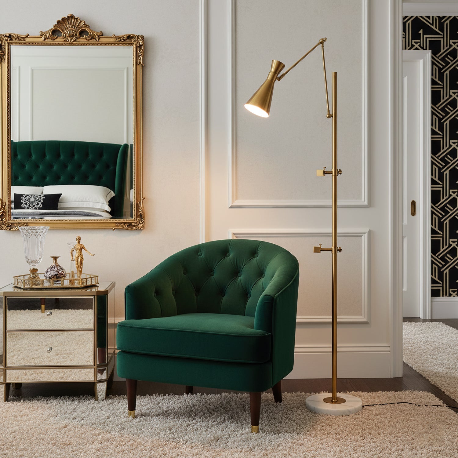 Frame Support Adjustable Floor Lamp in Brushed Brass with Marble Base