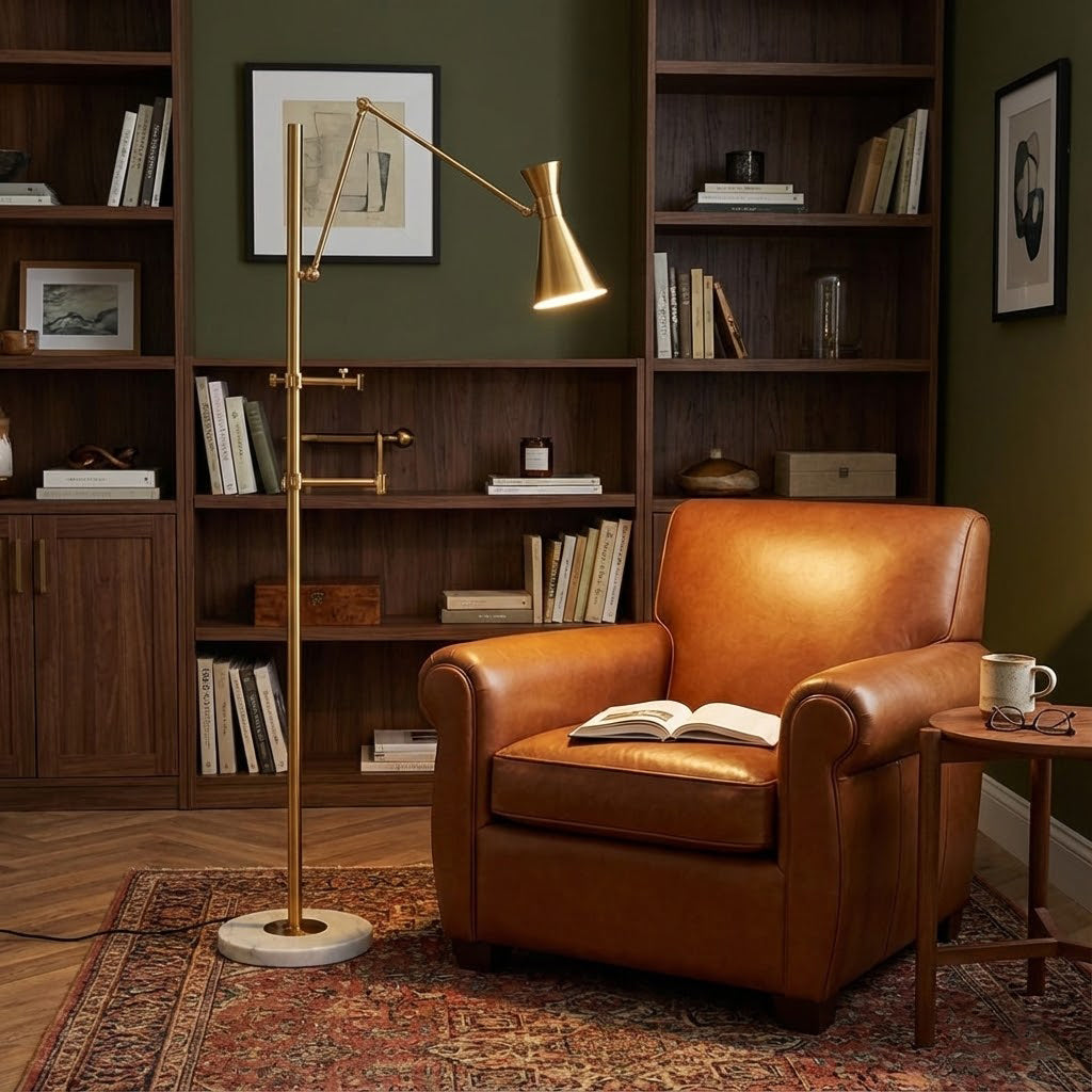 Frame Support Adjustable Floor Lamp in Brushed Brass with Marble Base