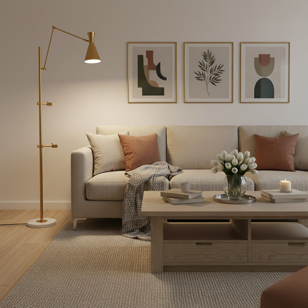 Frame Support Adjustable Floor Lamp in Brushed Brass with Marble Base