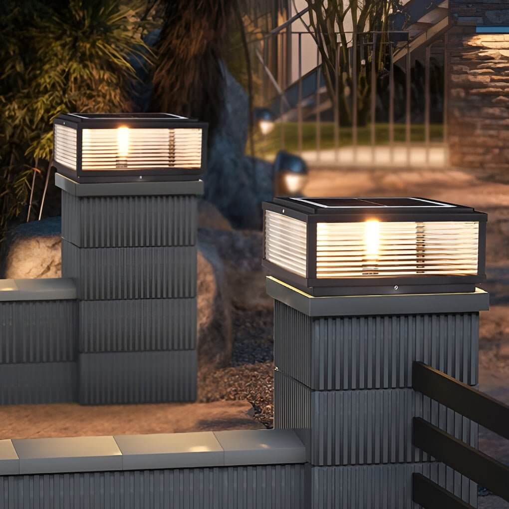Square Outdoor Bollard Light with Ribbed Glass (Solar or Hardwired)