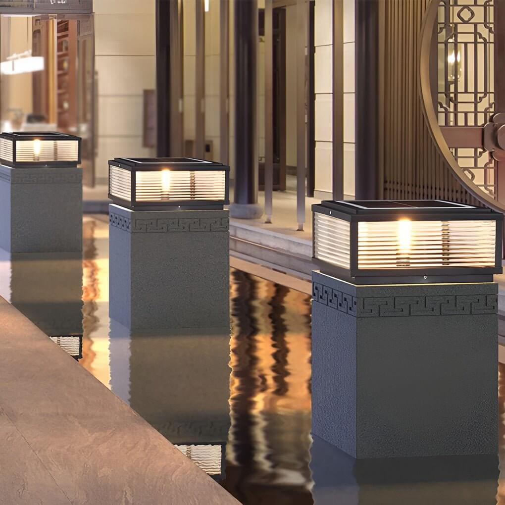 Square Outdoor Bollard Light with Ribbed Glass (Solar or Hardwired)