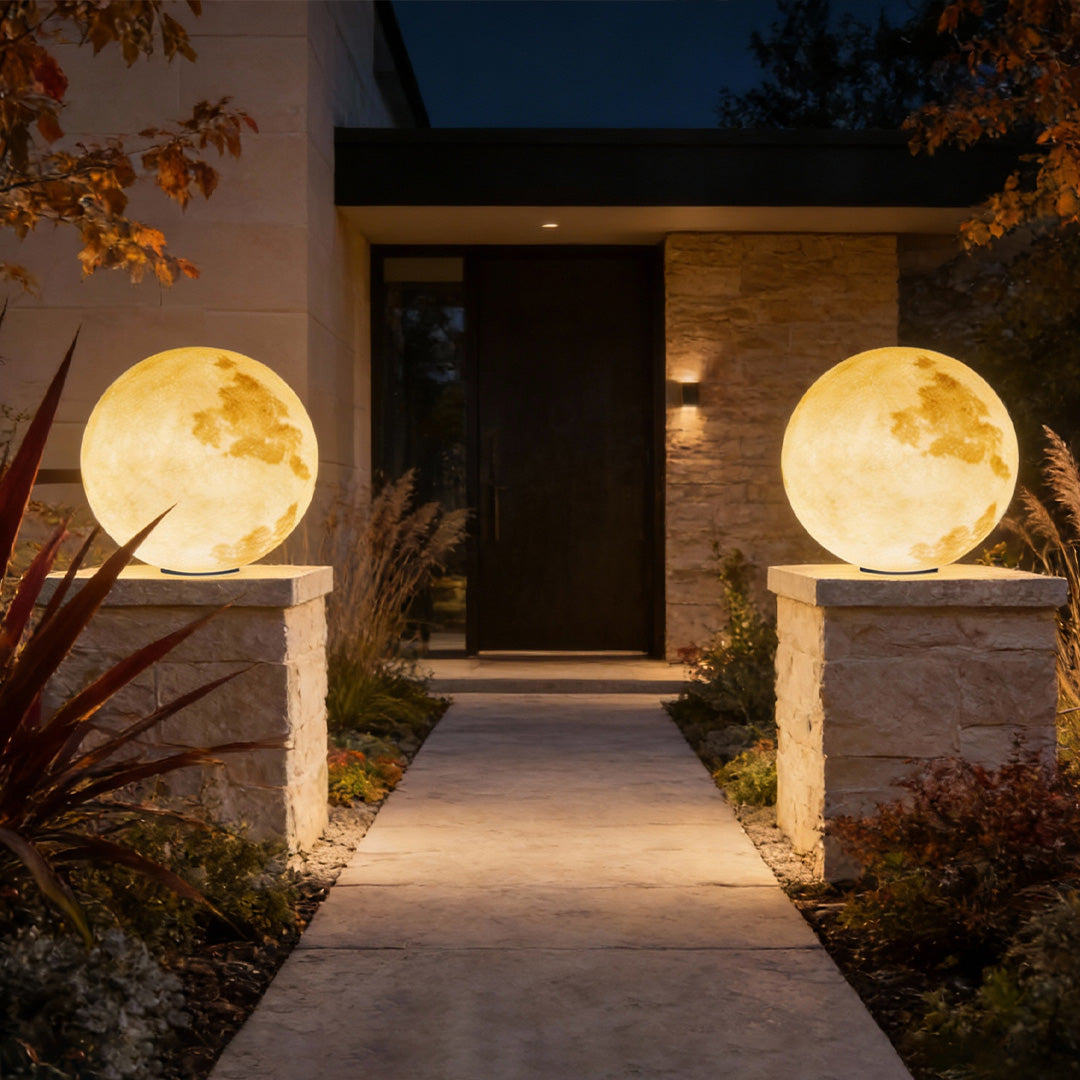 Moon Globe Outdoor LED Pillar Light – Textured Sphere Garden Lamp