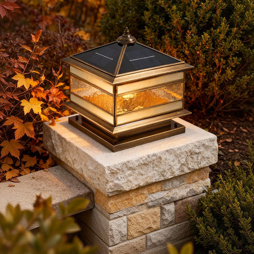 Retro Copper Stone Pillar Solar Post Light - Waterproof Outdoor Garden Fixture