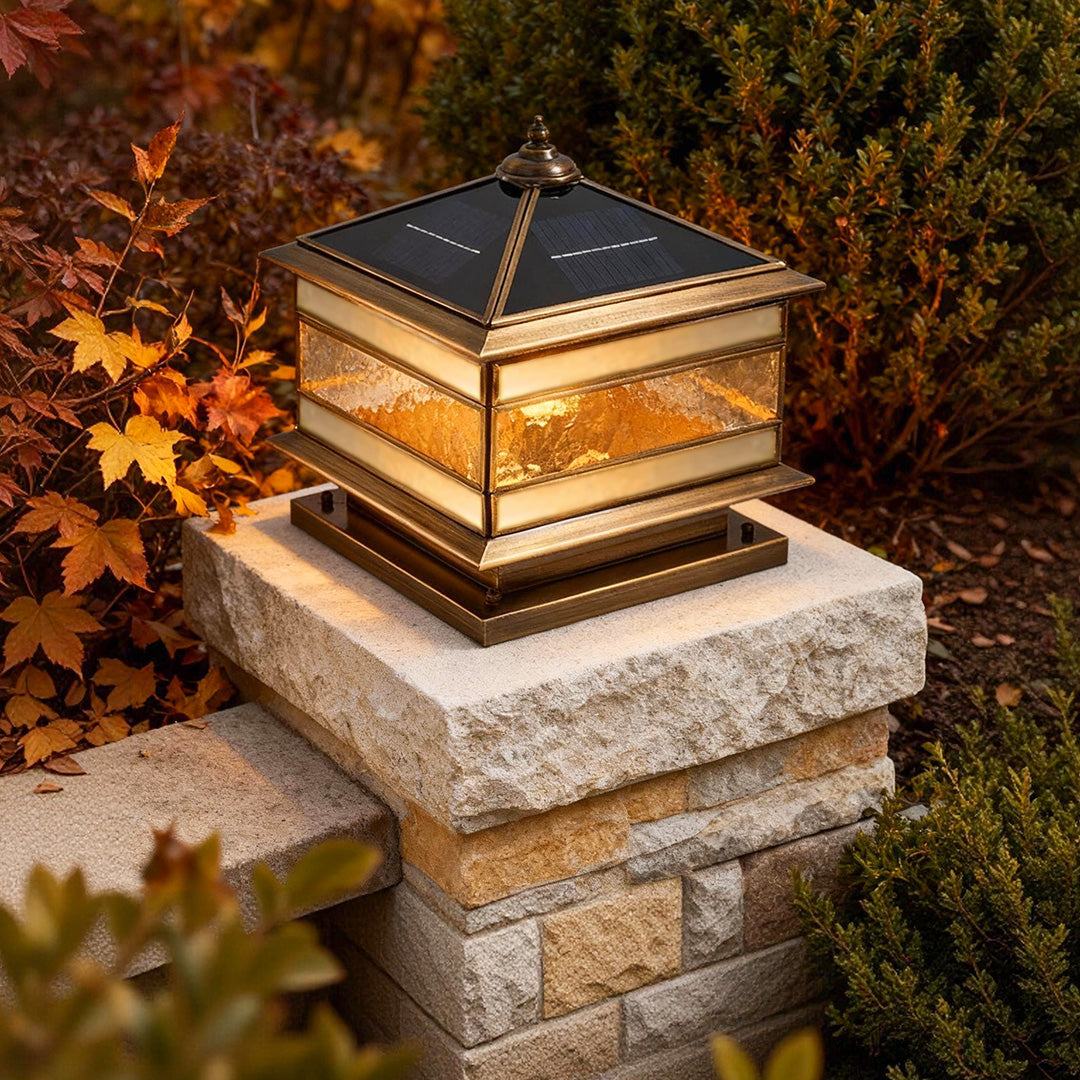 Retro Copper Stone Pillar Solar Post Light - Waterproof Outdoor Garden Fixture