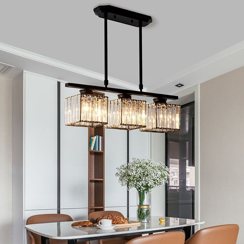 Modern Linear Glass Chandelier – 3 / 4 Light Island Pendant (Round or Square Frame)
